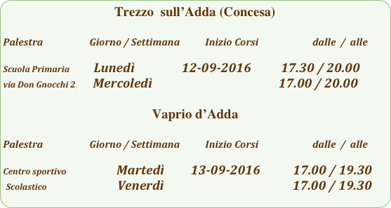Trezzo  sull’Adda (Concesa)

Palestra                         Giorno / Settimana           Inizio Corsi                        dalle  /  alle

Scuola Primaria            Lunedì                12-09-2016          17.30 / 20.00
via Don Gnocchi 2      Mercoledì                                           17.00 / 20.00

Vaprio d’Adda

Palestra                         Giorno / Settimana           Inizio Corsi                        dalle  /  alle

Centro sportivo                         Martedì         13-09-2016           17.00 / 19.30
 Scolastico                        Venerdì                                                    17.00 / 19.30